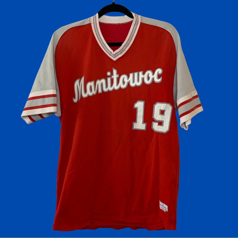 Vintage Red Graphic Jersey with Retro Sleeves - Size 42, Pre-Loved